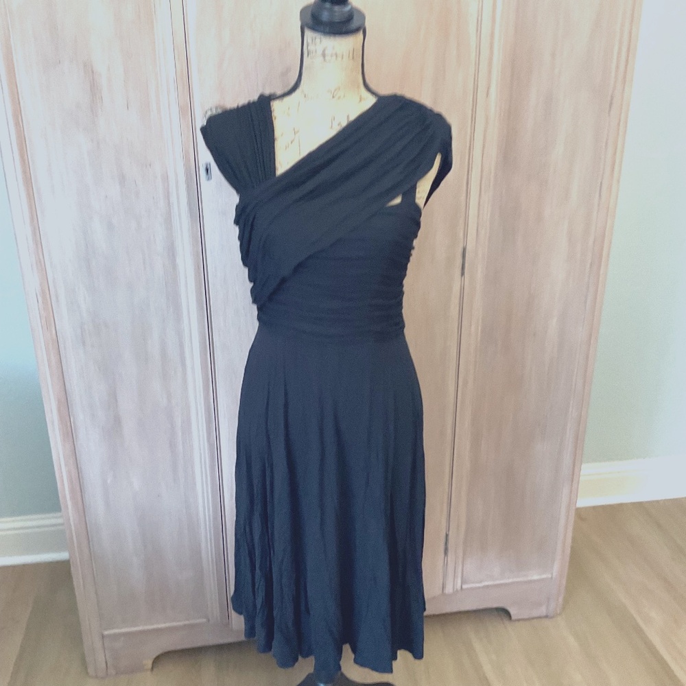 Tracy Reese Anthropologie black stretch jersey asymmetrical ruched midi dress